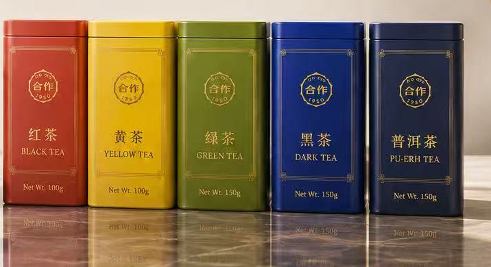 Five CO-OP 1950 tea tins in a row: red for black tea, yellow for yellow tea, green for green tea, blue for dark tea and navy for pu-erh
