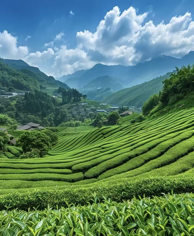 Rows of tea bushes curving across a green valley, with mountains and white clouds behind